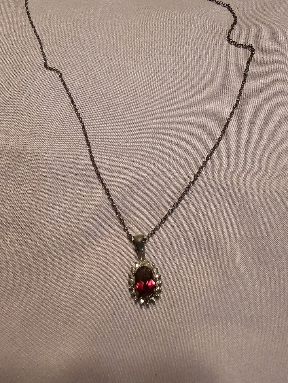 Silver Necklace with Red Oval Pendant